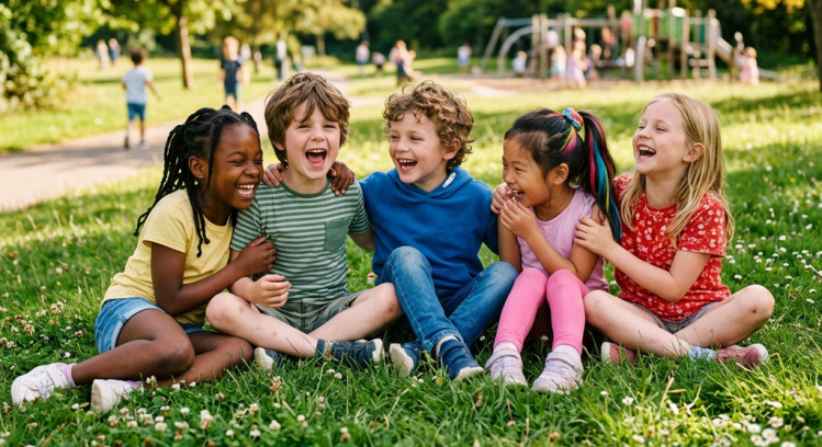Five children sitting on grass laughing and playing together in a park