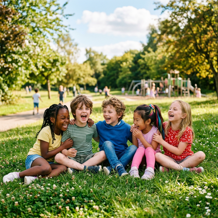 Five children sitting on grass laughing and playing together in a park